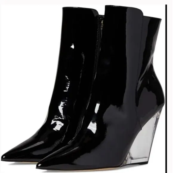 Stuart Weitzman lucite 100 patent leather ankle boots clear wedge heel