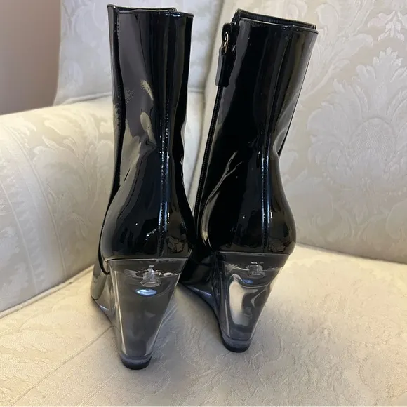 Stuart Weitzman lucite 100 patent leather ankle boots clear wedge heel