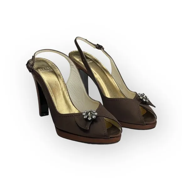 Stuart Weitzman ❤︎ Metallic Silk Peep Toe Slingback Heeled Sandals ❤︎ Chocolate