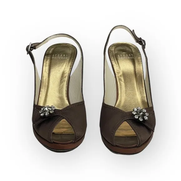 Stuart Weitzman ❤︎ Metallic Silk Peep Toe Slingback Heeled Sandals ❤︎ Chocolate