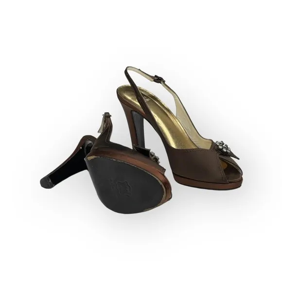 Stuart Weitzman ❤︎ Metallic Silk Peep Toe Slingback Heeled Sandals ❤︎ Chocolate