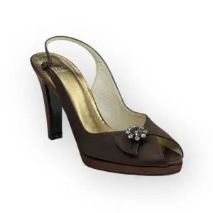Stuart Weitzman ❤︎ Metallic Silk Peep Toe Slingback Heeled Sandals ❤︎ Chocolate