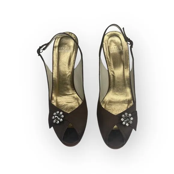 Stuart Weitzman ❤︎ Metallic Silk Peep Toe Slingback Heeled Sandals ❤︎ Chocolate