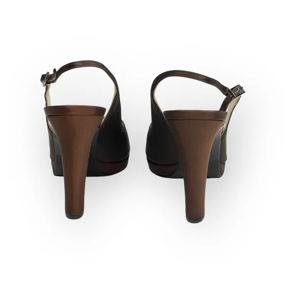 Stuart Weitzman ❤︎ Metallic Silk Peep Toe Slingback Heeled Sandals ❤︎ Chocolate