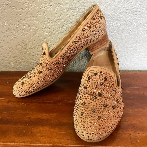 Stuart Weitzman Slipbeads Beige Blush Suede Gold Studded Loafer Flats Size 7