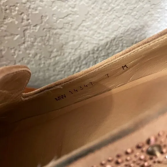 Stuart Weitzman Slipbeads Beige Blush Suede Gold Studded Loafer Flats Size 7