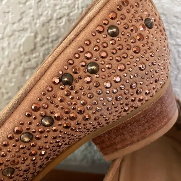 Stuart Weitzman Slipbeads Beige Blush Suede Gold Studded Loafer Flats Size 7