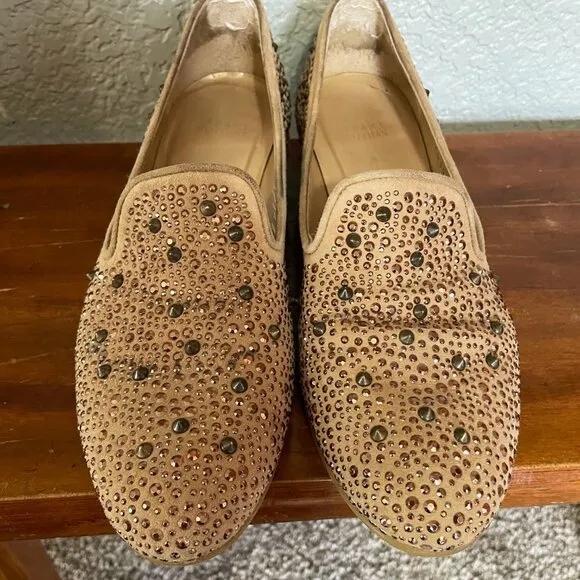 Stuart Weitzman Slipbeads Beige Blush Suede Gold Studded Loafer Flats Size 7