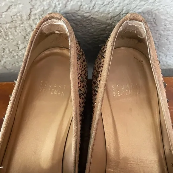 Stuart Weitzman Slipbeads Beige Blush Suede Gold Studded Loafer Flats Size 7