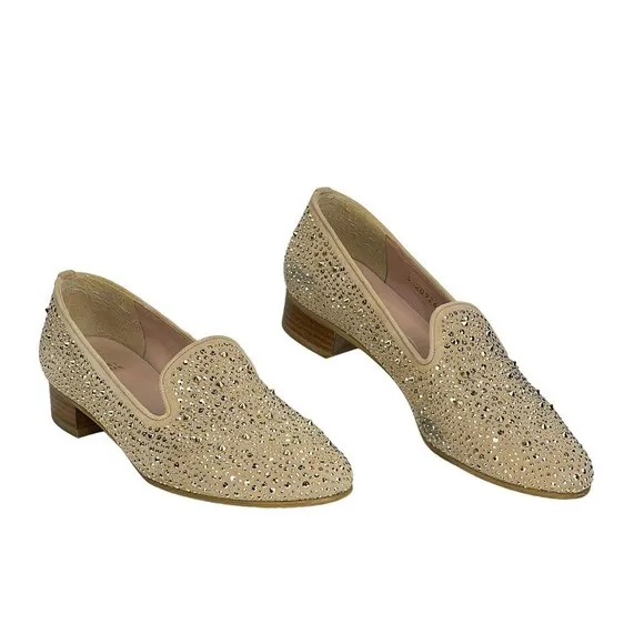 Stuart Weitzman Slipbeads Studded Gold ASO Hart of Dixie Heel Loafers 8.5 FLAW