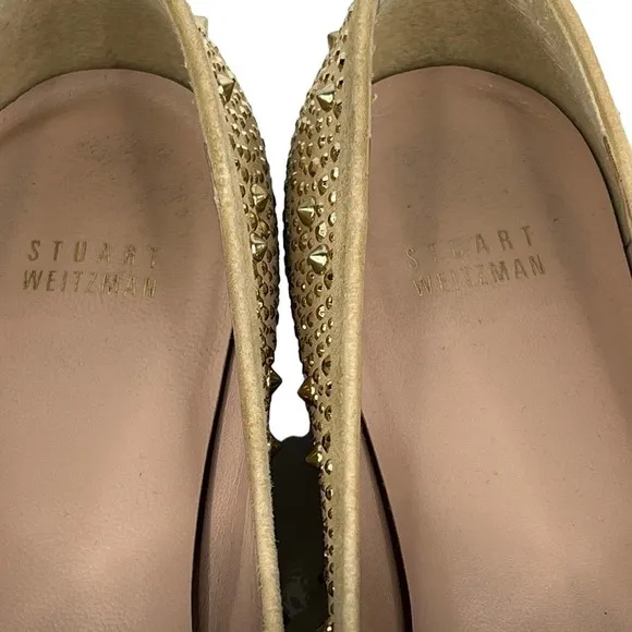 Stuart Weitzman Slipbeads Studded Gold ASO Hart of Dixie Heel Loafers 8.5 FLAW