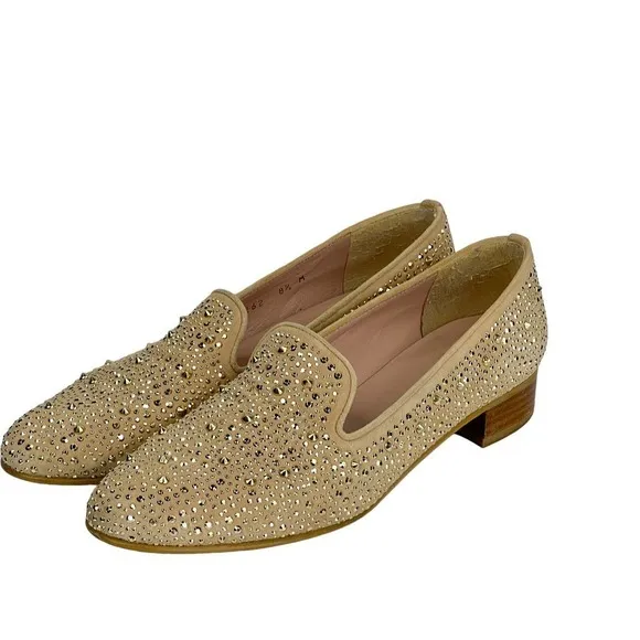 Stuart Weitzman Slipbeads Studded Gold ASO Hart of Dixie Heel Loafers 8.5 FLAW