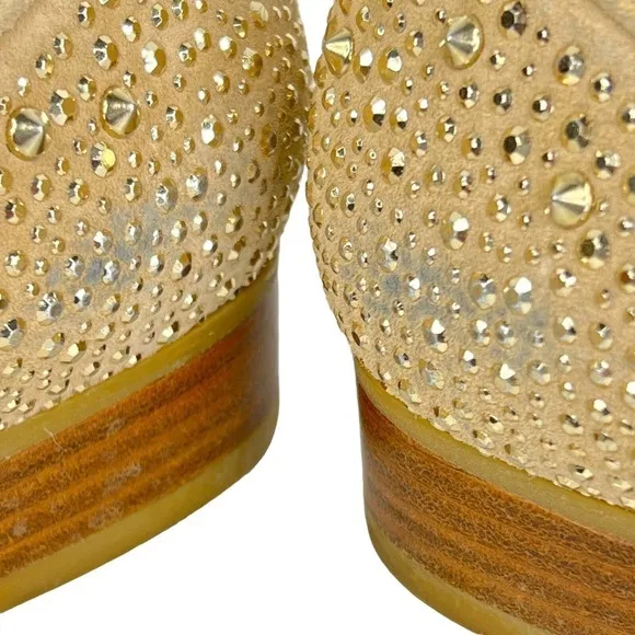 Stuart Weitzman Slipbeads Studded Gold ASO Hart of Dixie Heel Loafers 8.5 FLAW