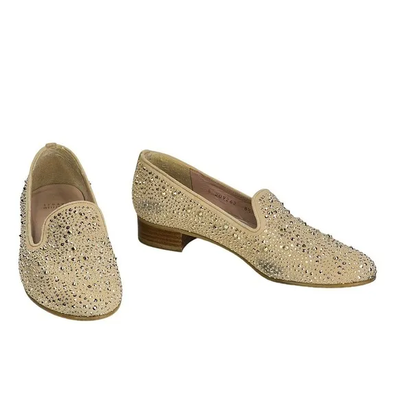 Stuart Weitzman Slipbeads Studded Gold ASO Hart of Dixie Heel Loafers 8.5 FLAW