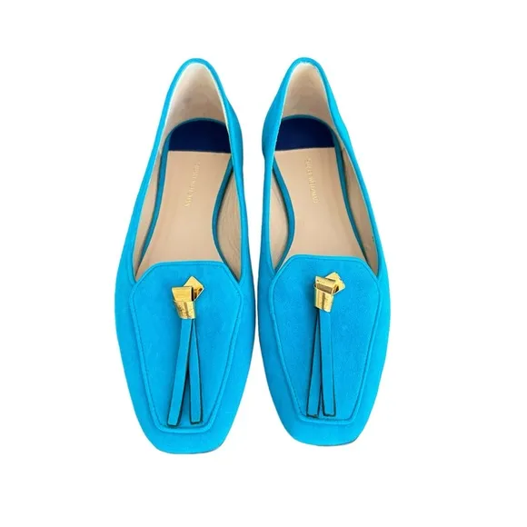 Stuart Weitzman Slipknot Suede Leather Aqua Blue Tassel Loafers Flats Women’s