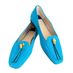 Stuart Weitzman Slipknot Suede Leather Aqua Blue Tassel Loafers Flats Women’s