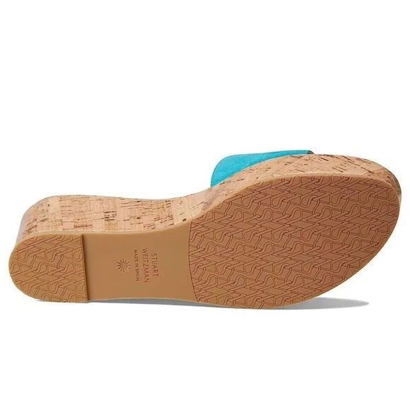 Stuart Weitzman Summer Sandals Women's US 10.5 Blue Leather Wedge Heel KHD822