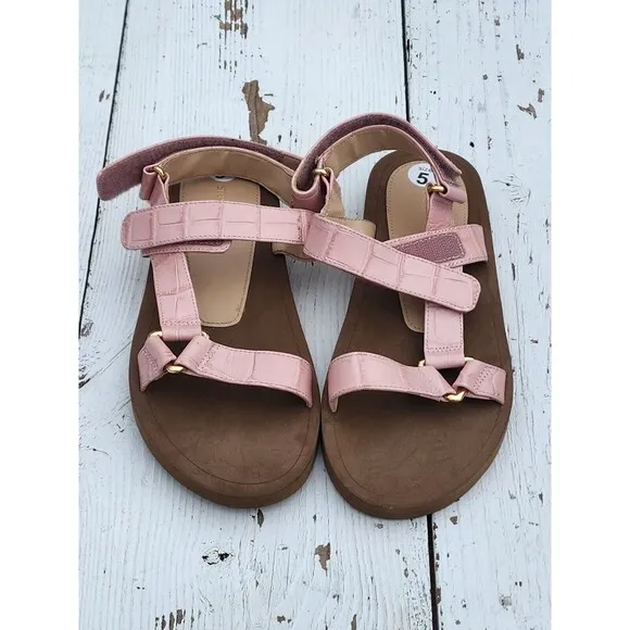 Stuart Weitzman Women Pink Vail Croc Leather Slingback Sandals US 5 EU 35