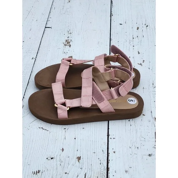 Stuart Weitzman Women Pink Vail Croc Leather Slingback Sandals US 5 EU 35