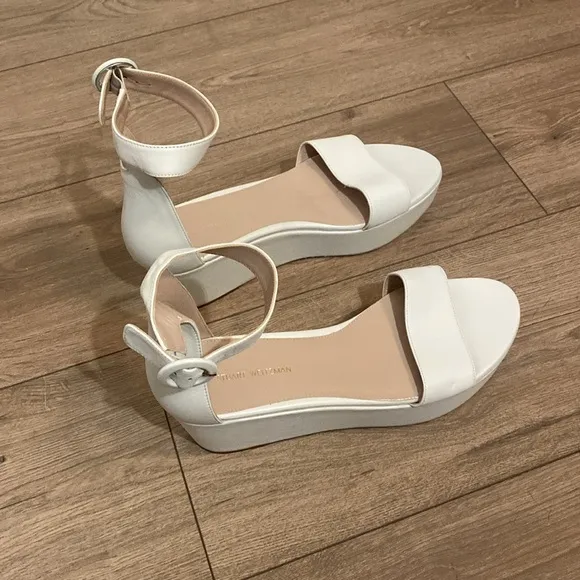 Stuart Weitzman Women's White Capri Leather Platform Sandals sz 7.5