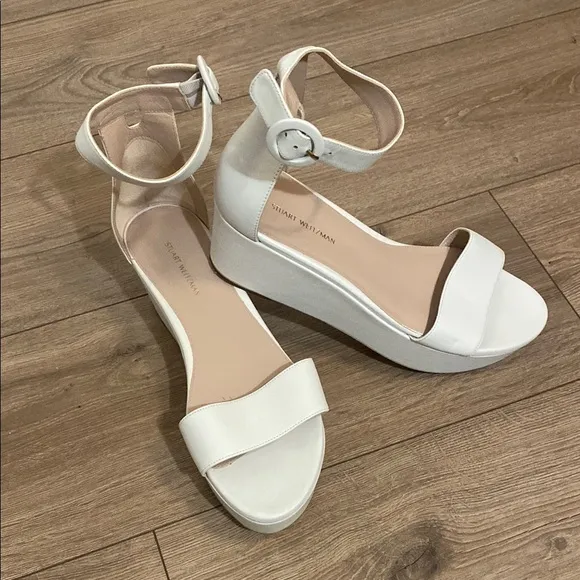 Stuart Weitzman Women's White Capri Leather Platform Sandals sz 7.5