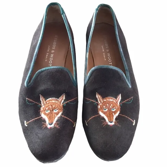 Stubbs &amp; Wootton Fox Motif Brown Suede Loafers