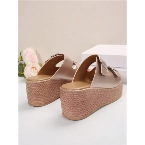 Summer Rose Gold Platform Wedge Sandals For Fashionable Women With Chunky Heels