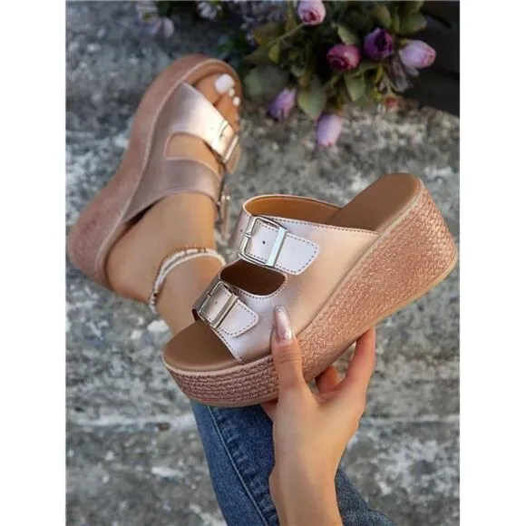 Summer Rose Gold Platform Wedge Sandals For Fashionable Women With Chunky Heels