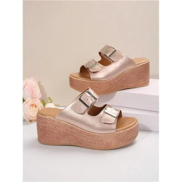 Summer Rose Gold Platform Wedge Sandals For Fashionable Women With Chunky Heels