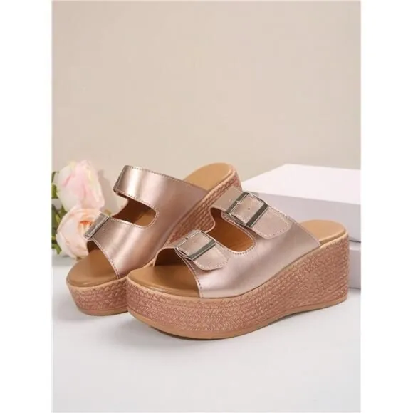 Summer Rose Gold Platform Wedge Sandals For Fashionable Women With Chunky Heels