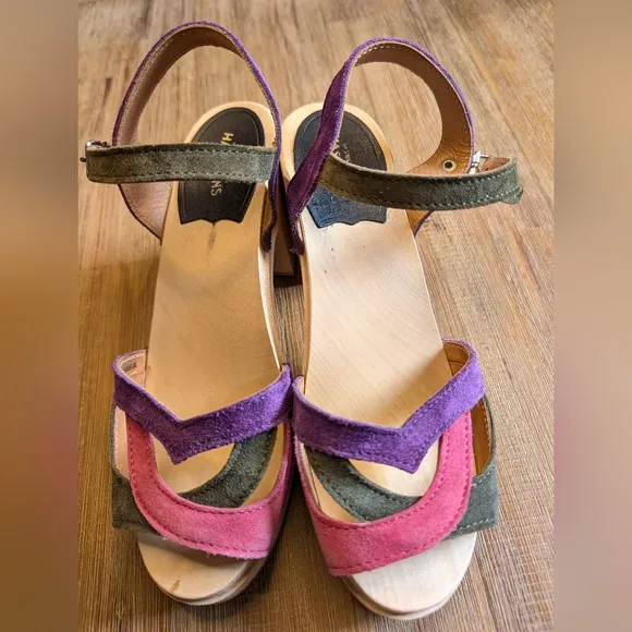 SWEDISH HASBEENS 50's Sandal Wood Clog Suede Ankle Strap Block Heel Size 9