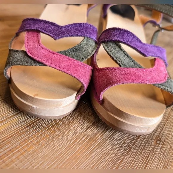 SWEDISH HASBEENS 50's Sandal Wood Clog Suede Ankle Strap Block Heel Size 9