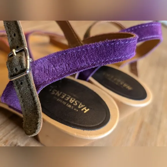 SWEDISH HASBEENS 50's Sandal Wood Clog Suede Ankle Strap Block Heel Size 9