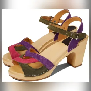 SWEDISH HASBEENS 50's Sandal Wood Clog Suede Ankle Strap Block Heel Size 9
