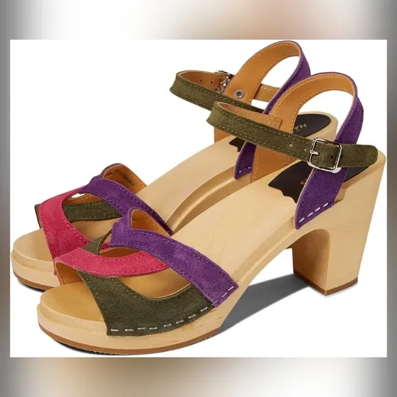 SWEDISH HASBEENS 50's Sandal Wood Clog Suede Ankle Strap Block Heel Size 9