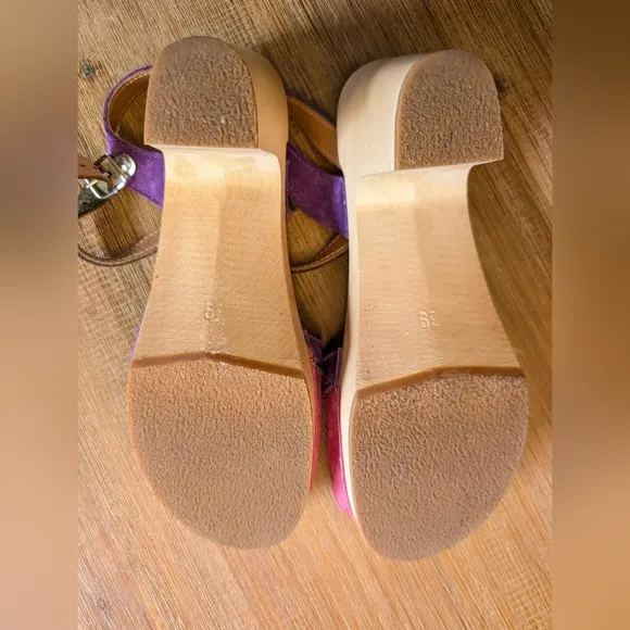 SWEDISH HASBEENS 50's Sandal Wood Clog Suede Ankle Strap Block Heel Size 9