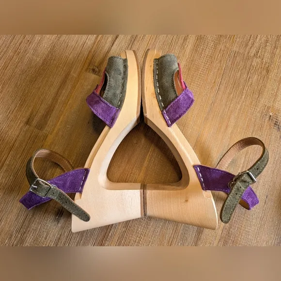 SWEDISH HASBEENS 50's Sandal Wood Clog Suede Ankle Strap Block Heel Size 9