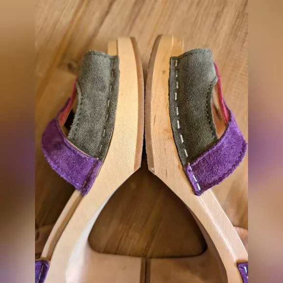 SWEDISH HASBEENS 50's Sandal Wood Clog Suede Ankle Strap Block Heel Size 9