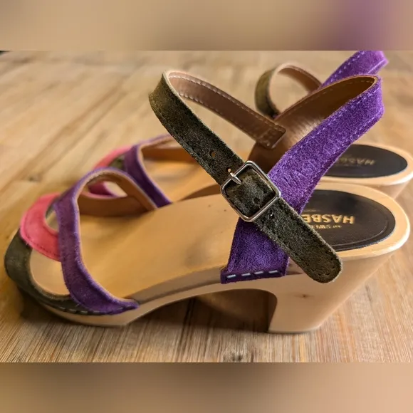 SWEDISH HASBEENS 50's Sandal Wood Clog Suede Ankle Strap Block Heel Size 9