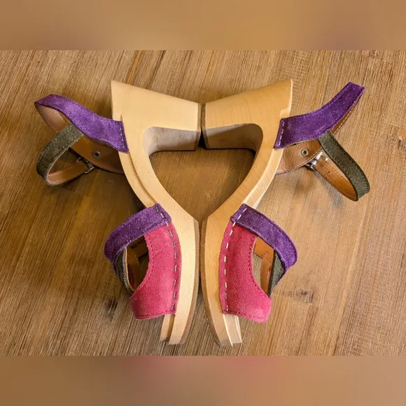 SWEDISH HASBEENS 50's Sandal Wood Clog Suede Ankle Strap Block Heel Size 9