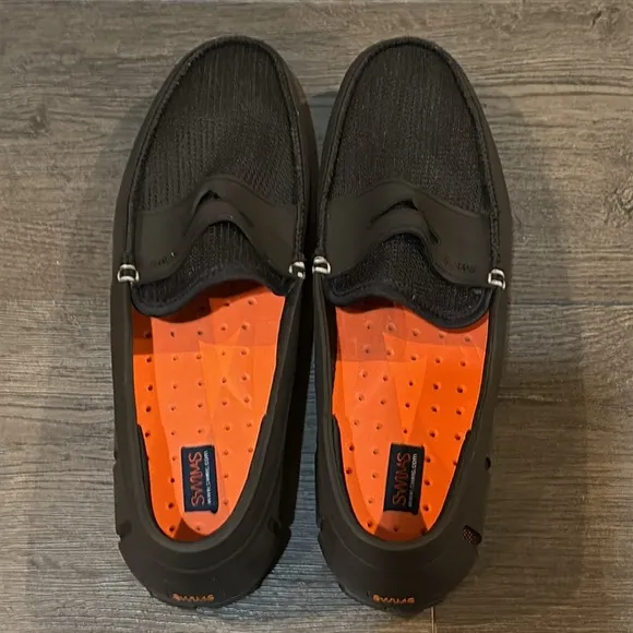SWIMS Men’s Penny Loafers Slip-on Moccasin/Deck Shoes Size 10.5 Black/Orange