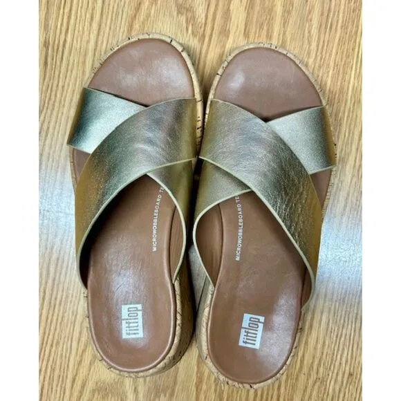 Sz 7 - FitFlop sandals -F-MODE Espadrille Metallic-Leather Flatform Cross Slides