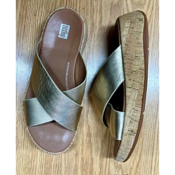 Sz 7 - FitFlop sandals -F-MODE Espadrille Metallic-Leather Flatform Cross Slides