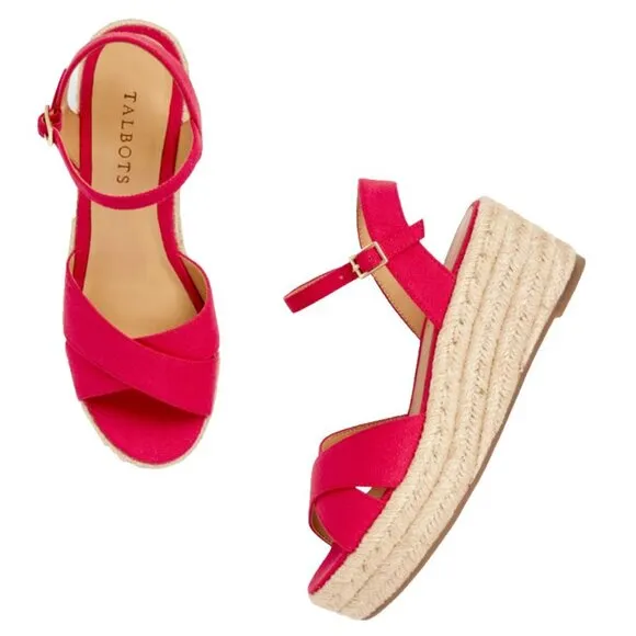 Talbots Natalie Canvas Platform Wedge Sandals Womens 11 M Red Classic 90s Chunky