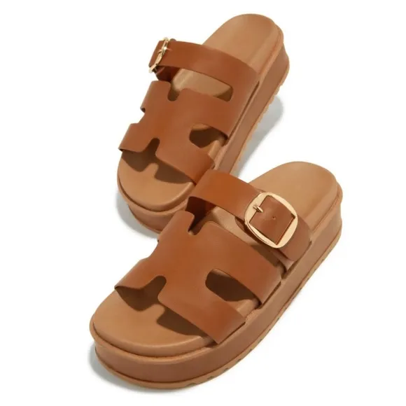 Tan Slip On Chunky Platform Sandals