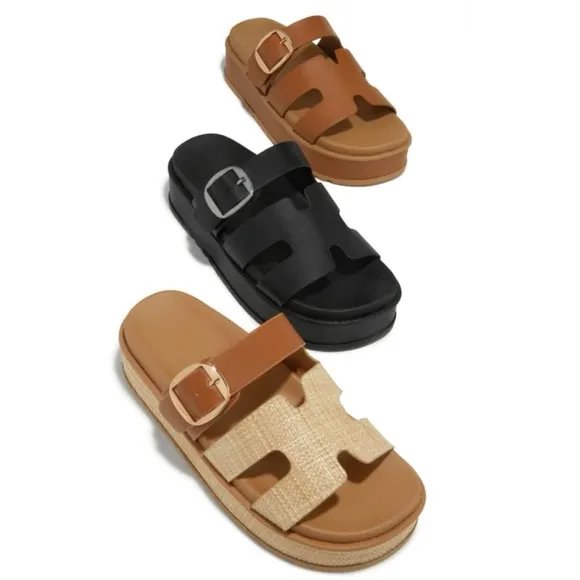 Tan Slip On Chunky Platform Sandals