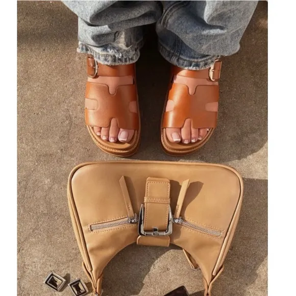 Tan Slip On Chunky Platform Sandals