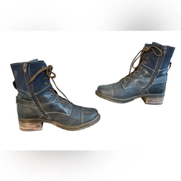 Taos Crave Lace-up Side Zip Rich Navy Blue Distressed Leather Boot Women’s 8/8.5