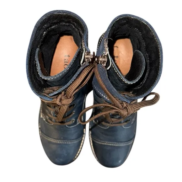 Taos Crave Lace-up Side Zip Rich Navy Blue Distressed Leather Boot Women’s 8/8.5