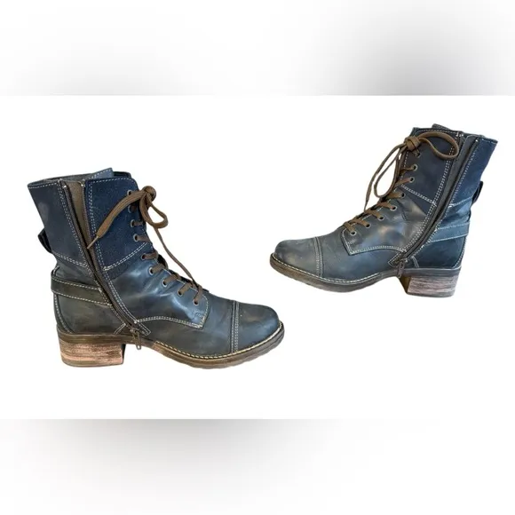 Taos Crave Lace-up Side Zip Rich Navy Blue Distressed Leather Boot Women’s 8/8.5